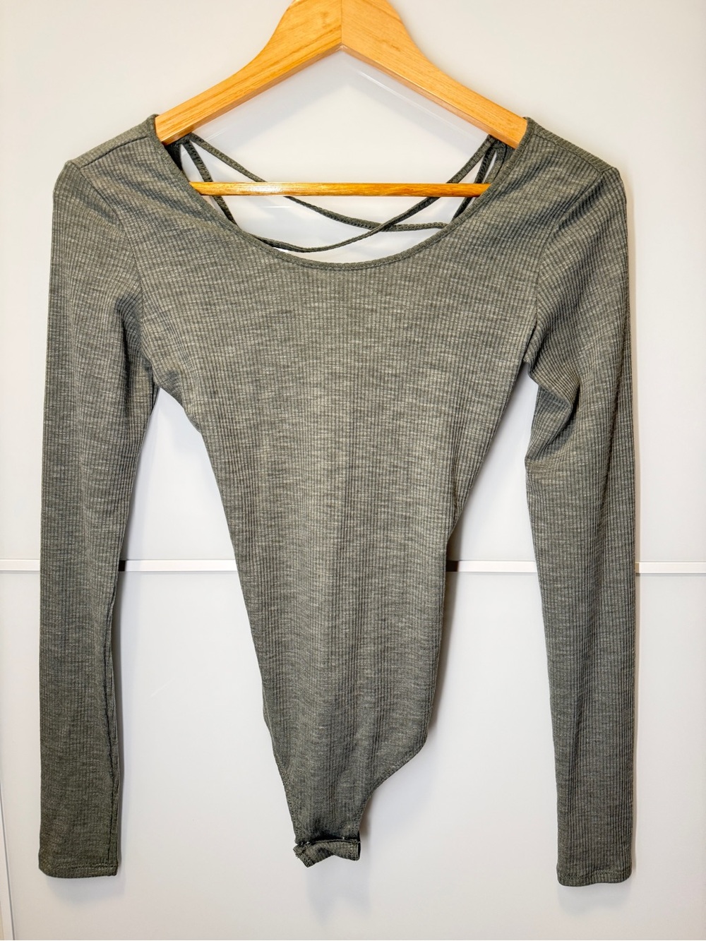 Garage Olive Ribbed Long-Sleeve Bodysuit with Crisscross Back Straps